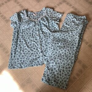 Aria Collection Pajama Set Large Cotton Button Up Short Sleeve Crop Pants Floral